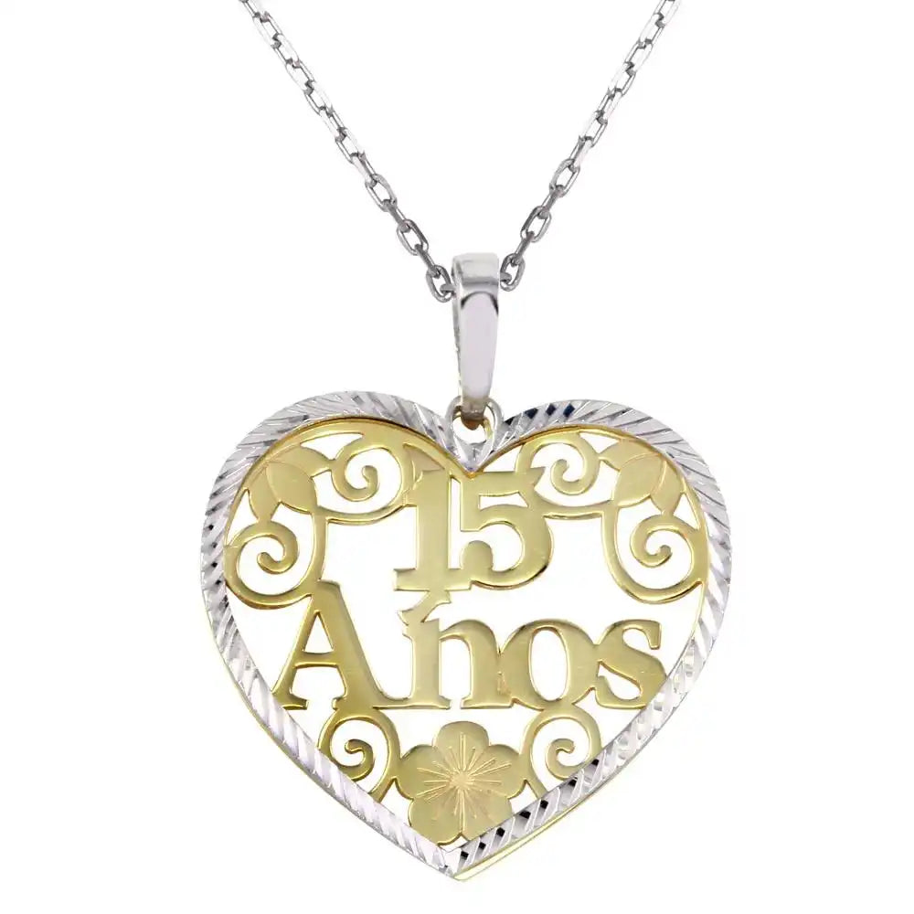 925 Sterling Silver Two-Tone 15 Anos Heart Pendant Necklace