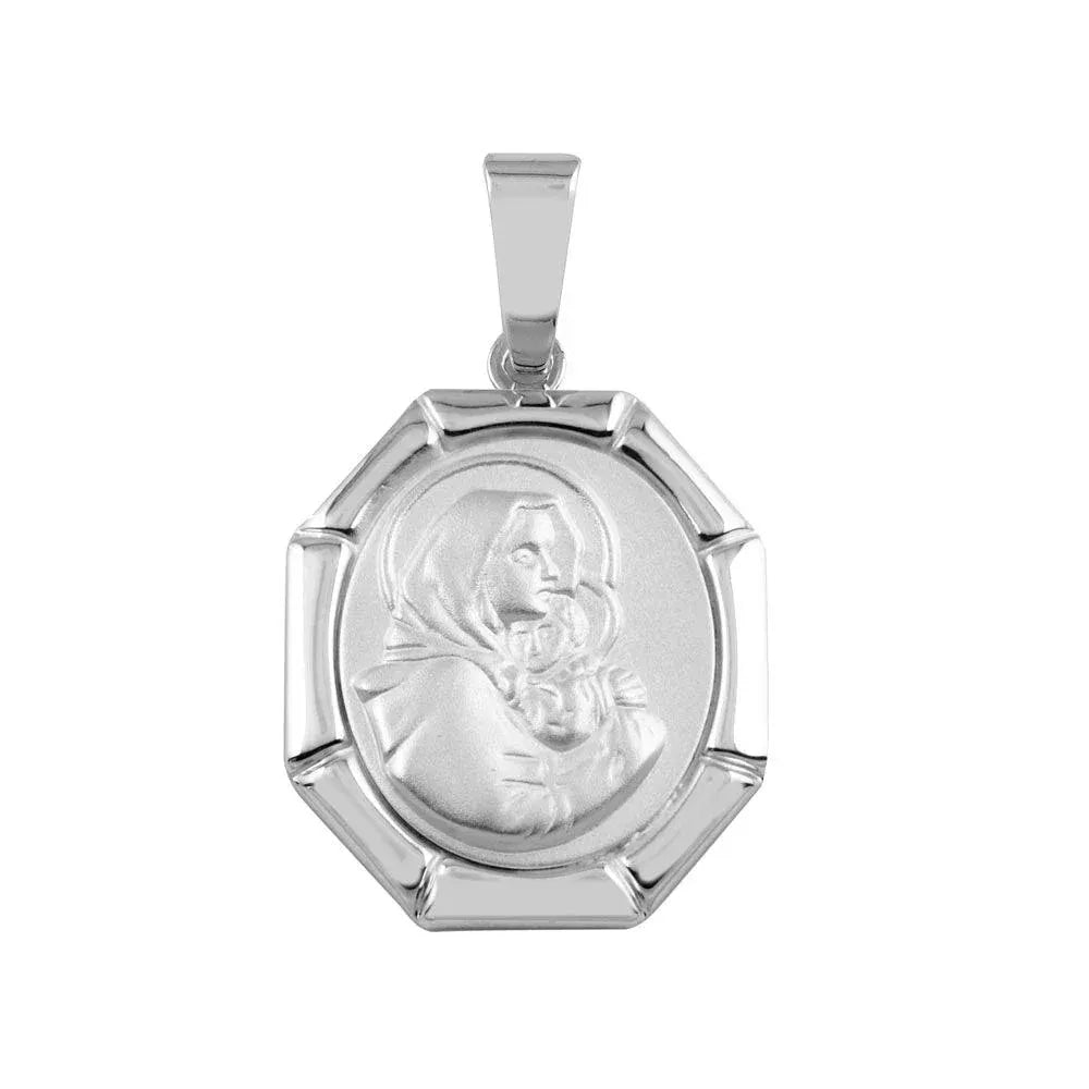 925 Sterling Silver High Polished Oval Mary And Baby Jesus Medallion Pendant