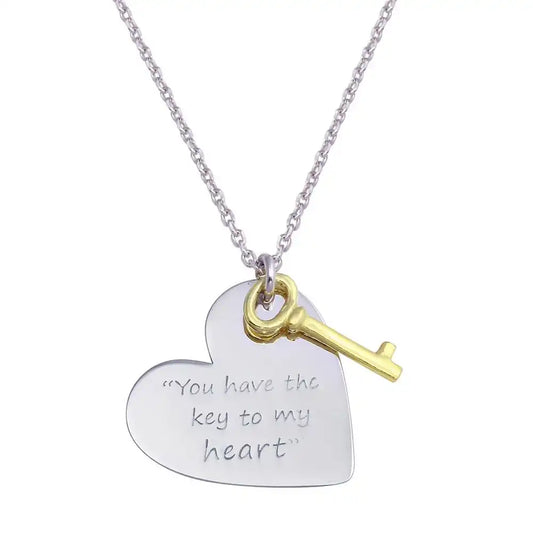 925 Sterling Silver Rhodium Plated Heart with Gold Key Necklace