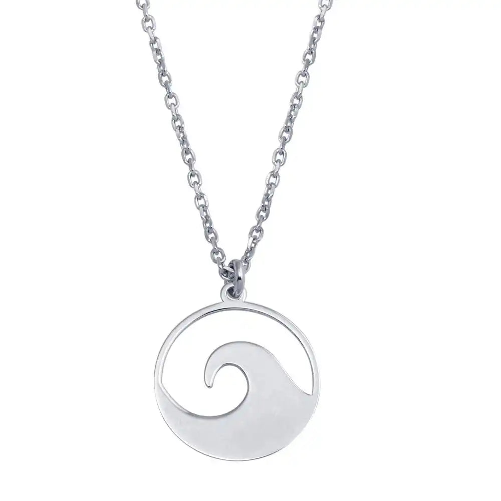 925 Sterling Silver Rhodium Plated Disc Wave Design Necklace