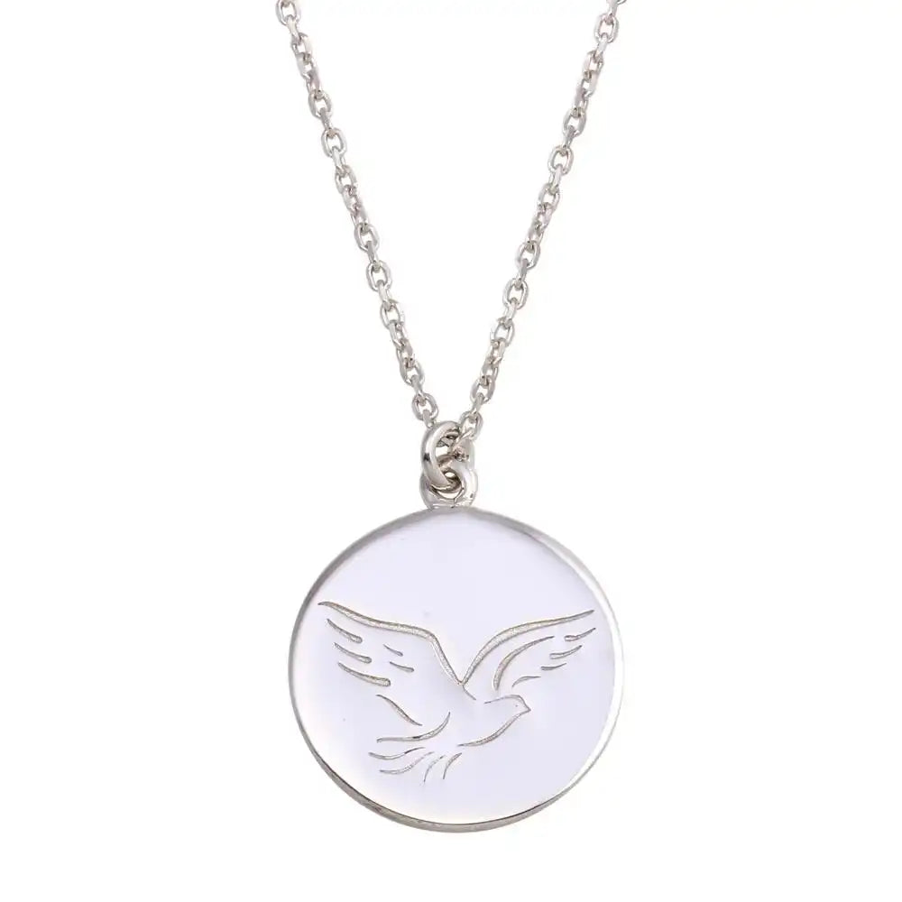 925 Sterling Silver Rhodium Plated Disc With Dove Words Necklace