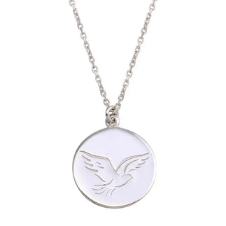 925 Sterling Silver Rhodium Plated Disc With Dove Words Necklace