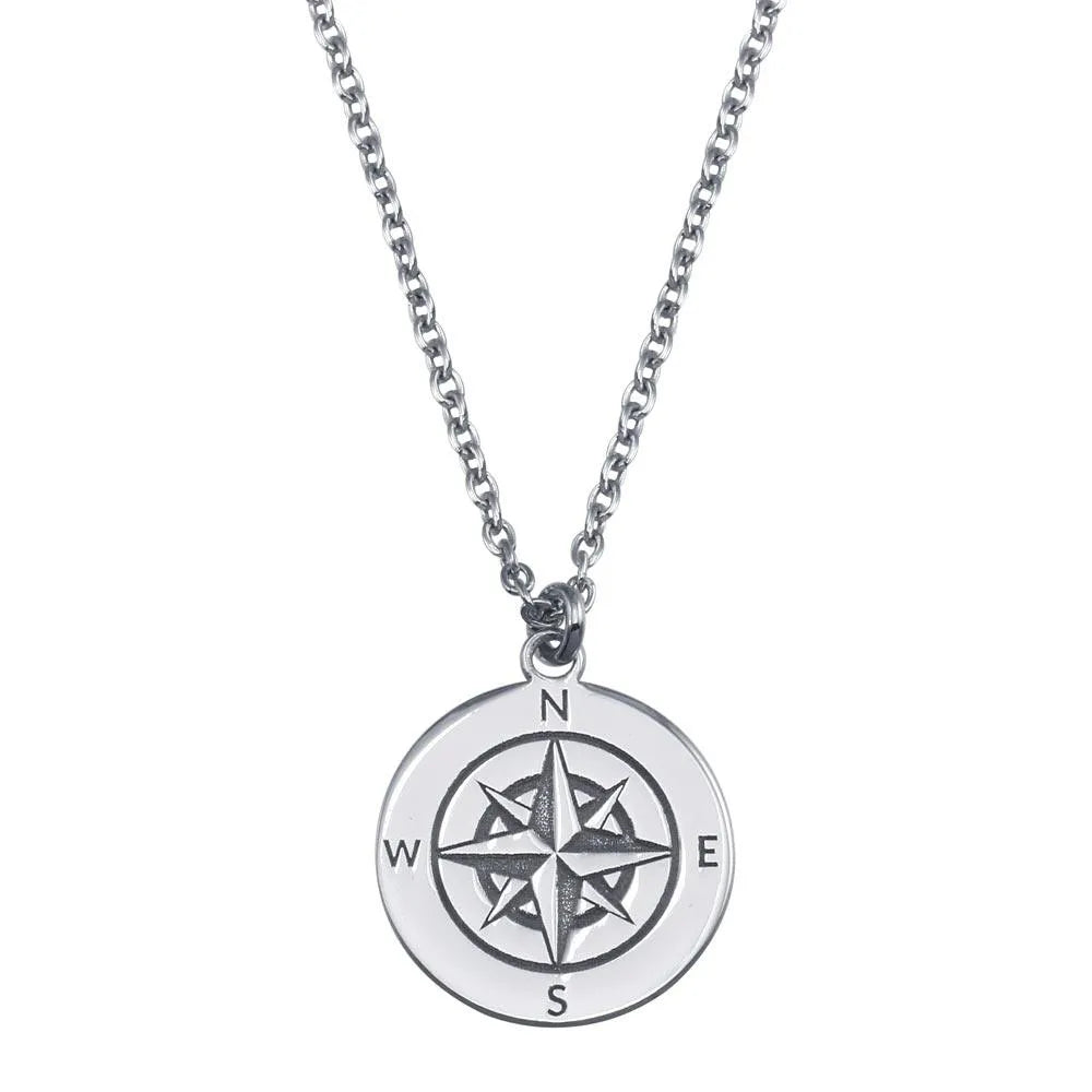 925 Sterling Silver Rhodium Plated Compass Engraved Disc Pendant Necklace