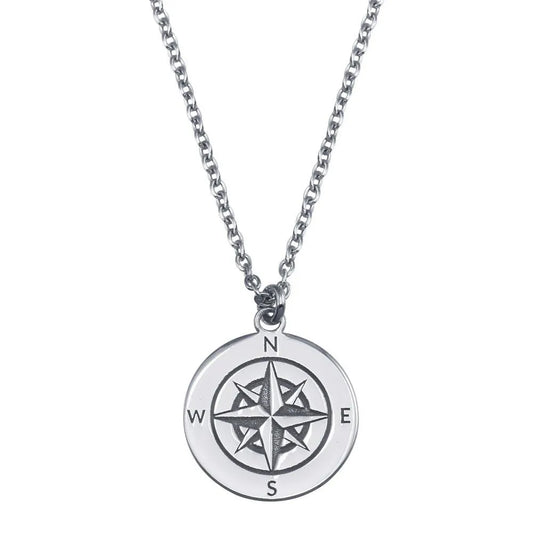 925 Sterling Silver Rhodium Plated Compass Engraved Disc Pendant Necklace