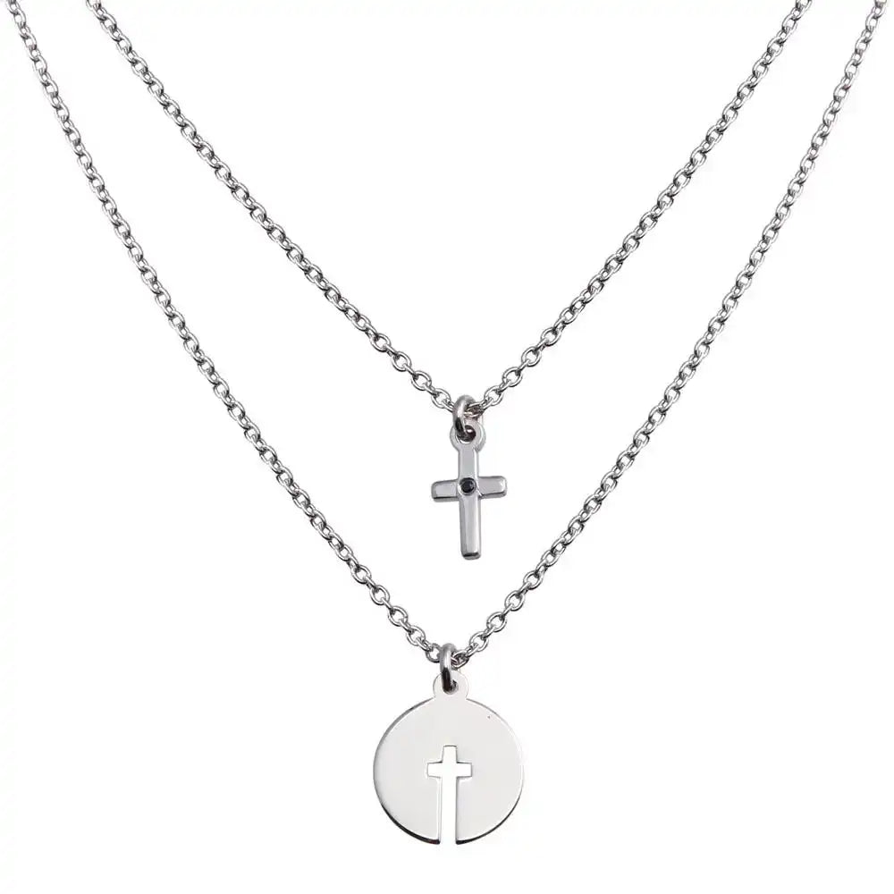 925 Sterling Silver Rhodium Plated Cross and Cross Cutout Pendant Necklace