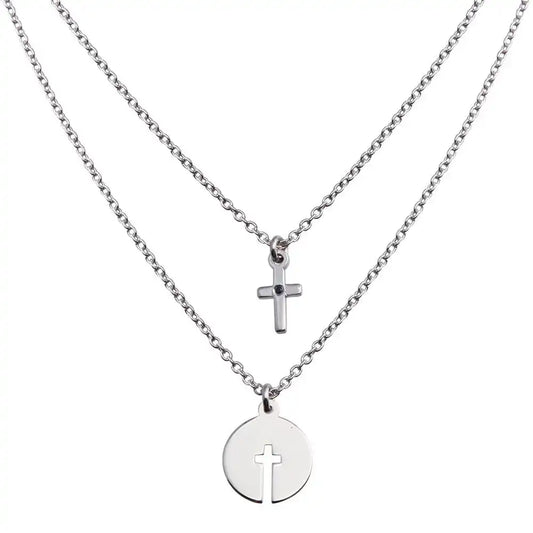 925 Sterling Silver Rhodium Plated Cross and Cross Cutout Pendant Necklace