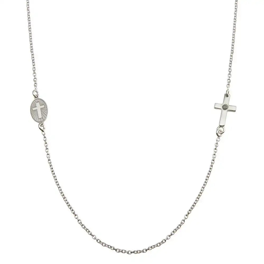 925 Sterling Silver Rhodium Plated Cross and Illuminated Cross Cutout Necklace