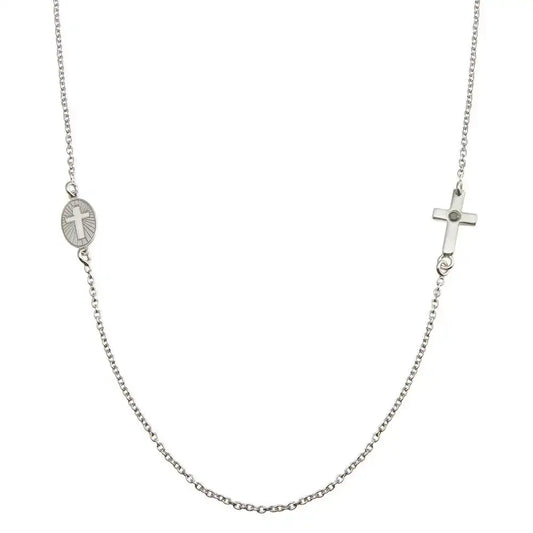 925 Sterling Silver Rhodium Plated Cross and Illuminated Cross Cutout Necklace