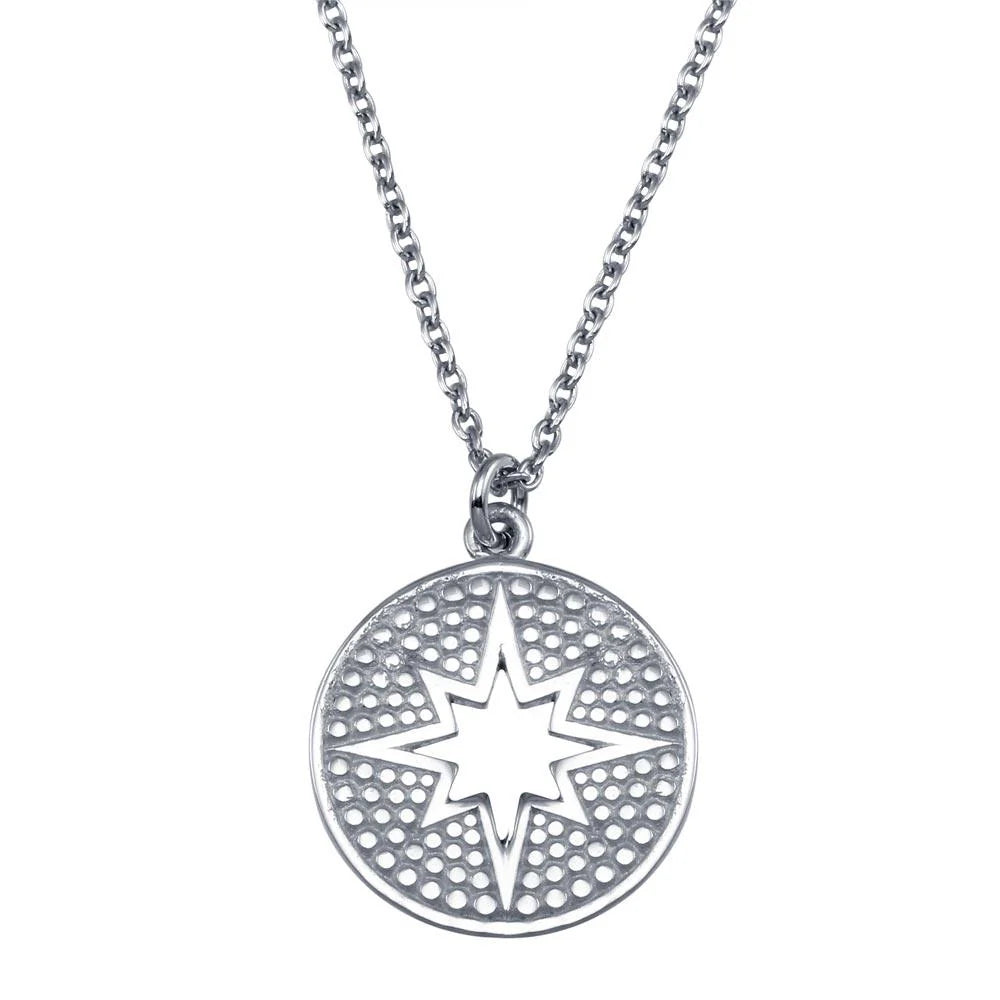 925 Sterling Silver Rhodium Plated Star Cutout Disc Pendant Necklace
