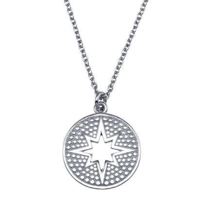 925 Sterling Silver Rhodium Plated Star Cutout Disc Pendant Necklace