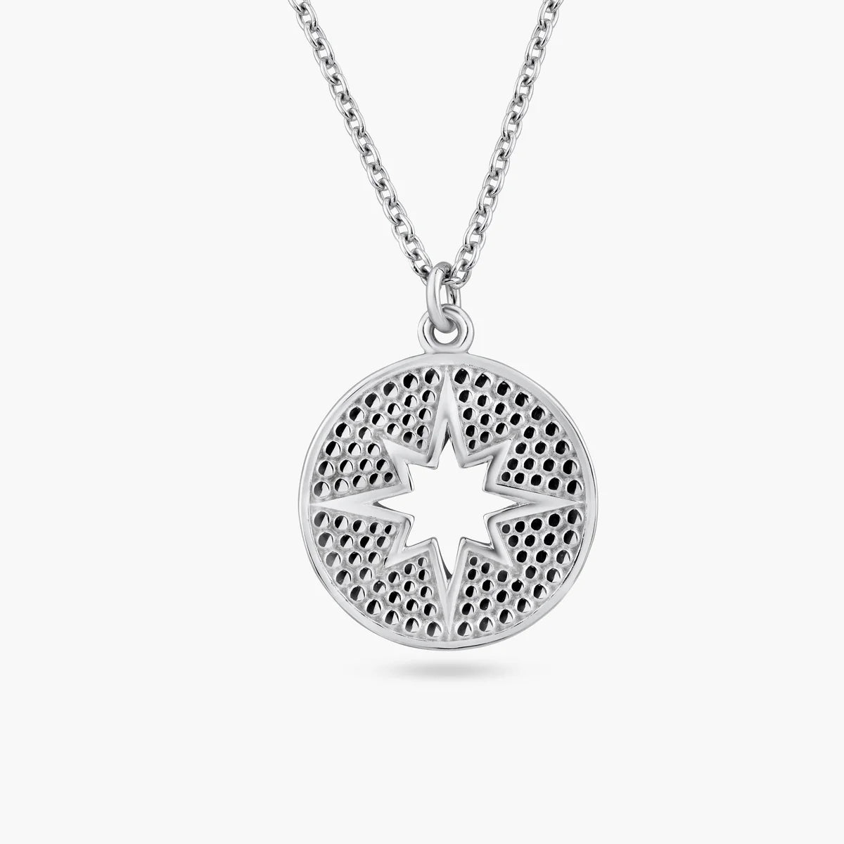 925 Sterling Silver Rhodium Plated Star Cutout Disc Pendant Necklace