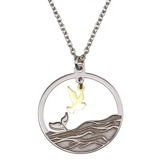 925 Sterling Silver Two Toned Whale Tail and Bird Pendant Necklace