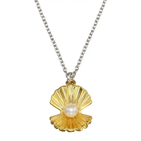 925 Sterling Silver Two Tone Clam Shell and Synthetic Pearl Pendant Necklace