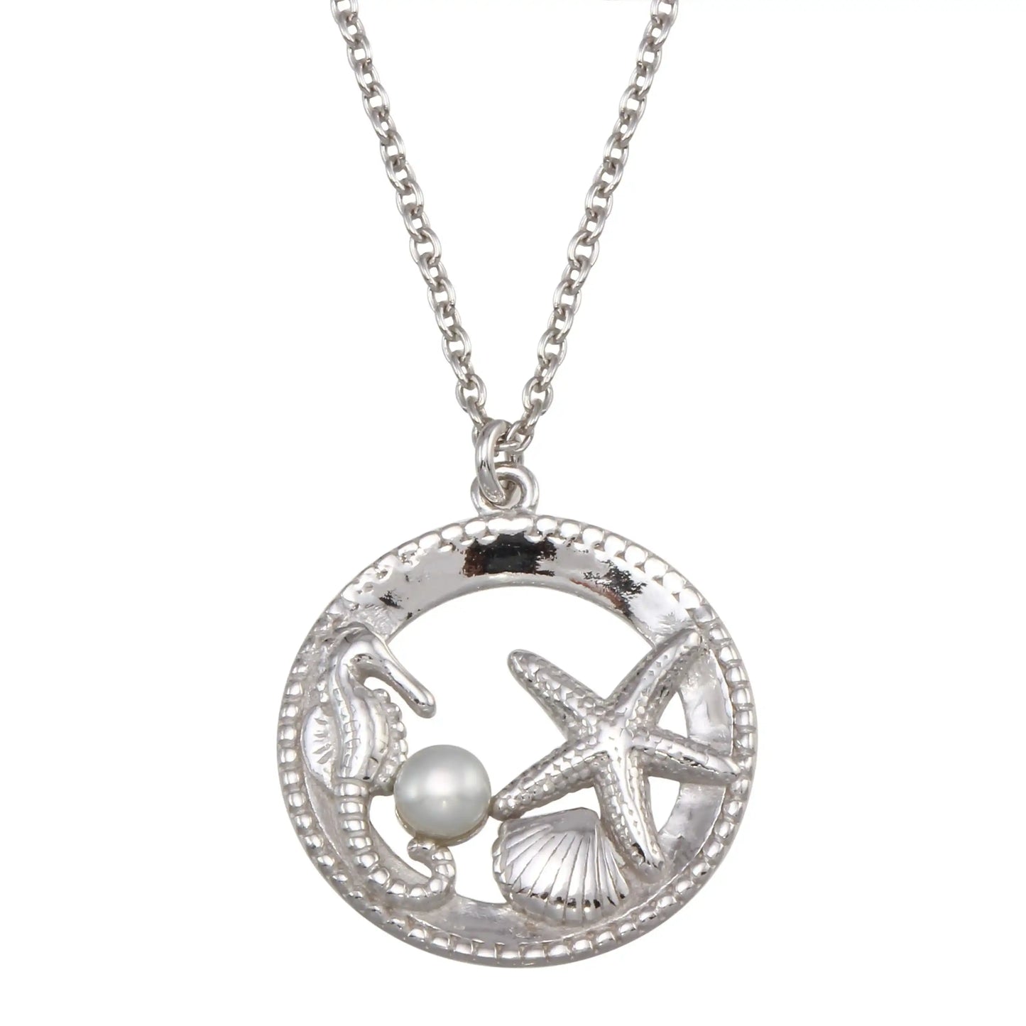 925 Sterling Silver Rhodium Plated Seahorse, Starfish, Clam, and Pearl Pendant Necklace