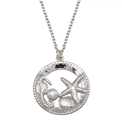925 Sterling Silver Rhodium Plated Seahorse, Starfish, Clam, and Pearl Pendant Necklace