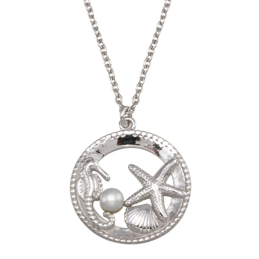 925 Sterling Silver Rhodium Plated Seahorse, Starfish, Clam, and Pearl Pendant Necklace