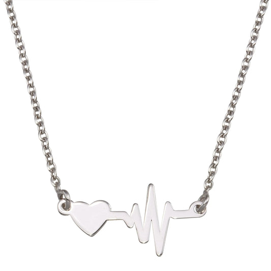 925 Sterling Silver Rhodium Plated Heart and Heartbeat Pendant Necklace