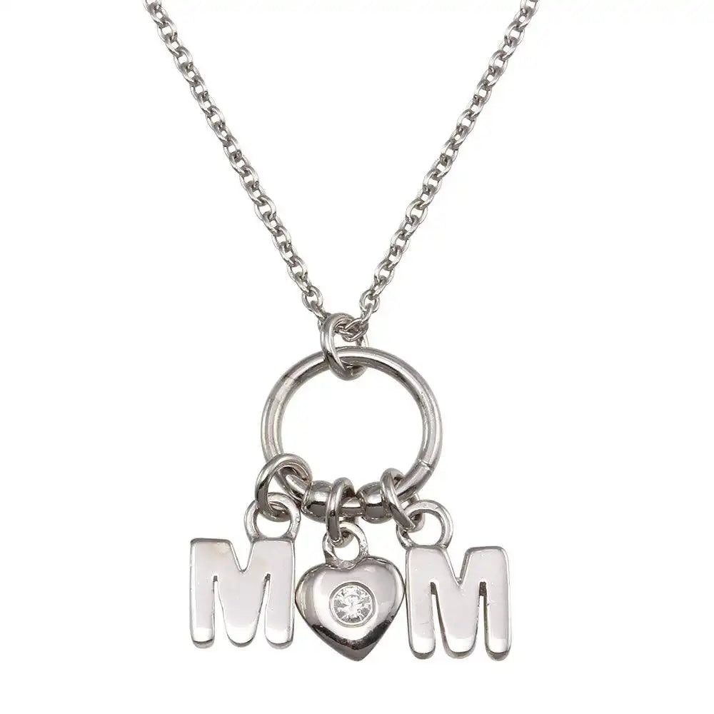 925 Sterling Silver Rhodium Plated Mom Heart CZ Pendant Necklace