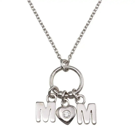 925 Sterling Silver Rhodium Plated Mom Heart CZ Pendant Necklace