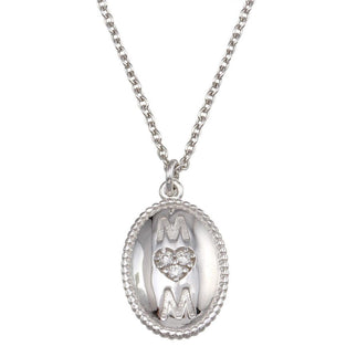 925 Sterling Silver Rhodium Plated Oval Mom Heart CZ Pendant Necklace