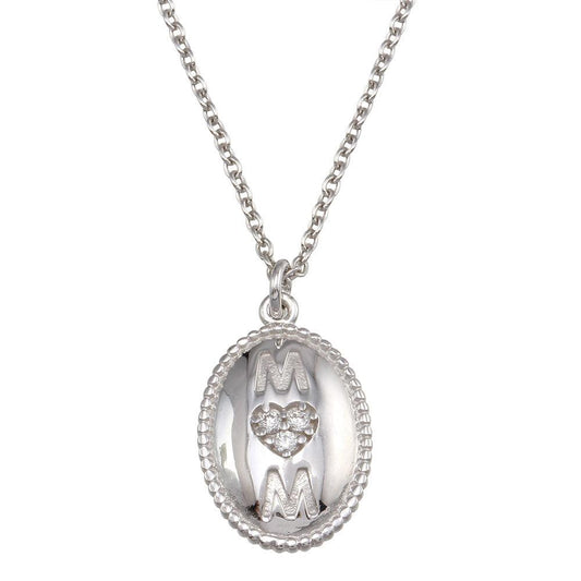 925 Sterling Silver Rhodium Plated Oval Mom Heart CZ Pendant Necklace