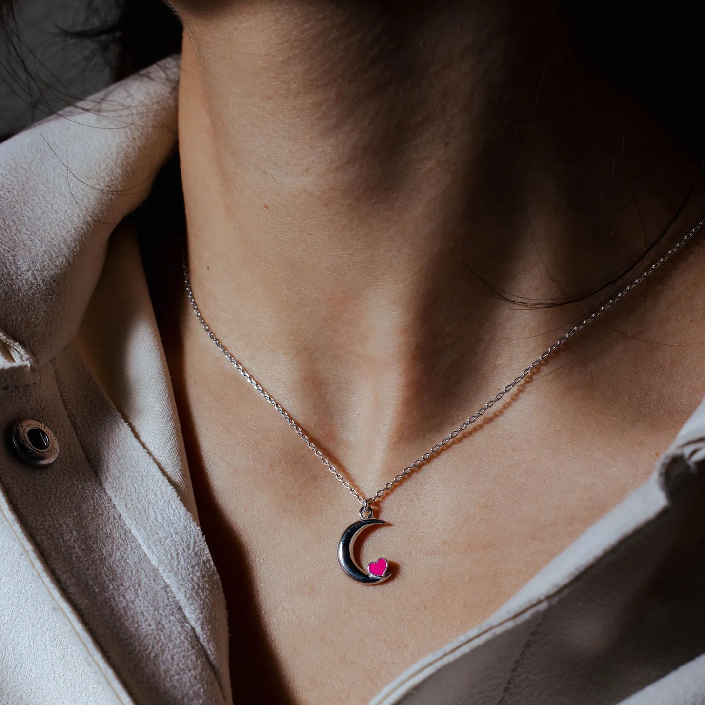 925 Sterling Silver Rhodium Plated Moon Pink Heart Enamel Necklace Pendant