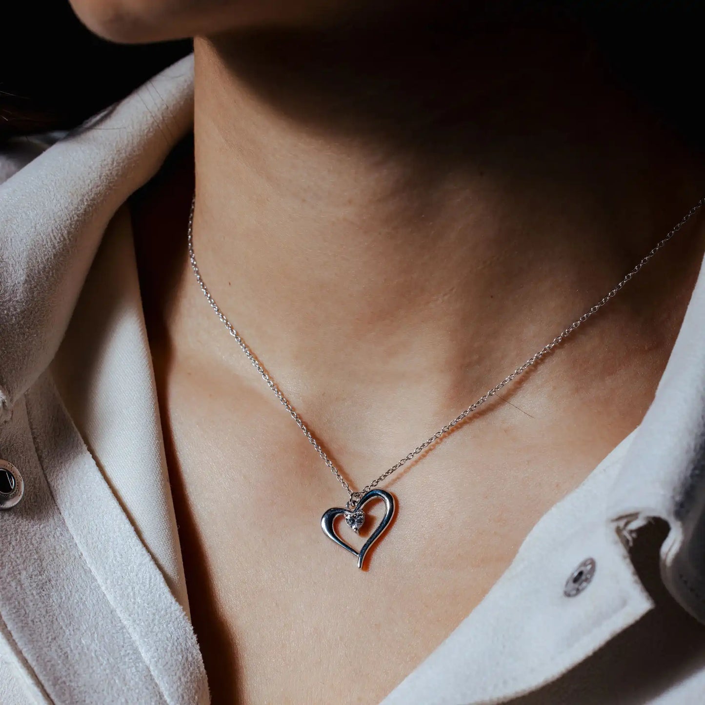 925 Sterling Silver Rhodium Plated Heart Clear CZ Necklace Pendant