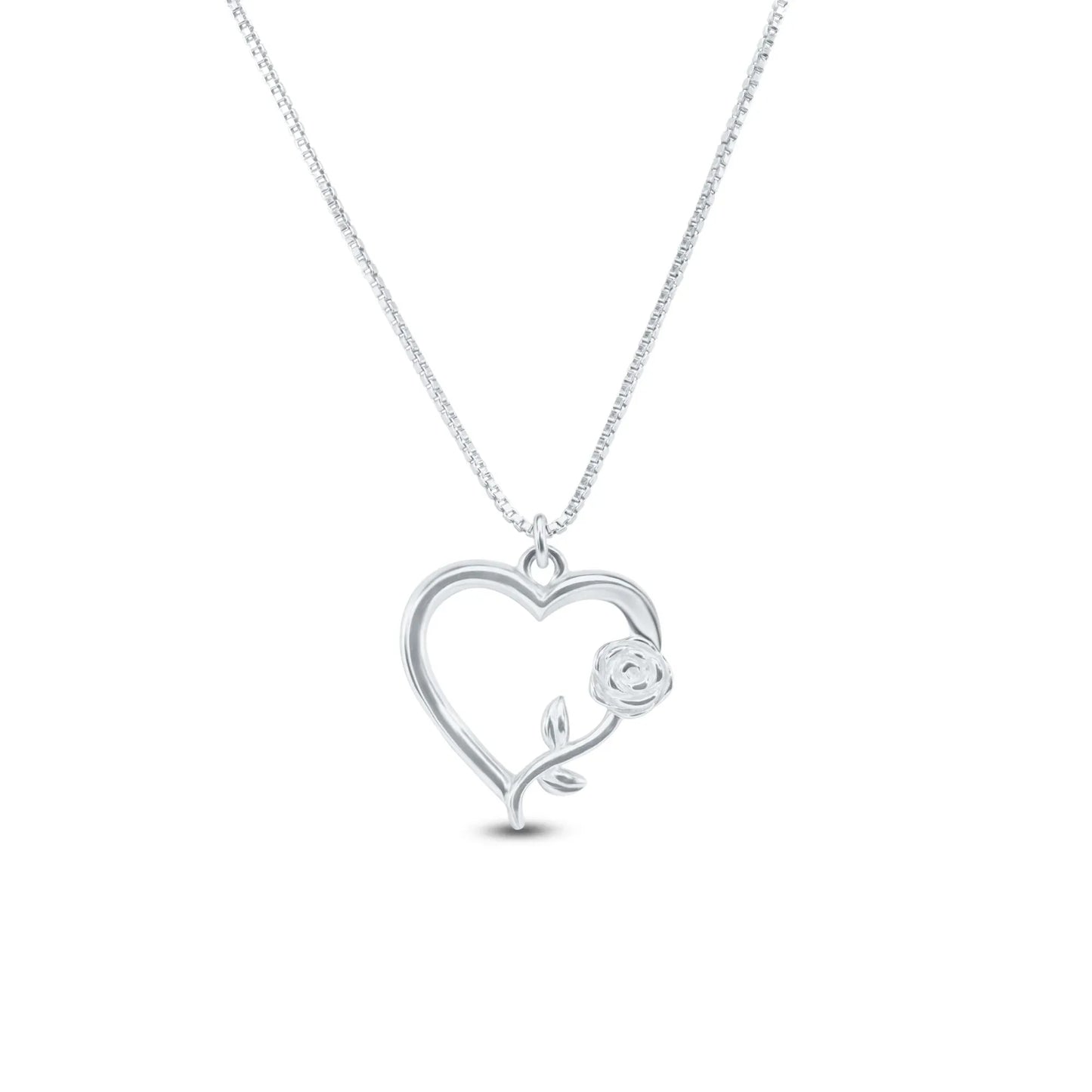 925 Sterling Silver Rhodium Plated Heart Rose Necklace Pendant