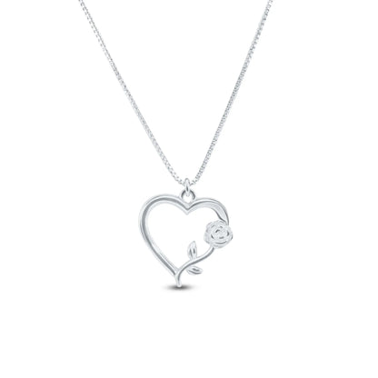 925 Sterling Silver Rhodium Plated Heart Rose Necklace Pendant