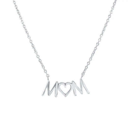 925 Sterling Silver Rhodium Plated Mom Heart Clear CZ Necklace Pendant