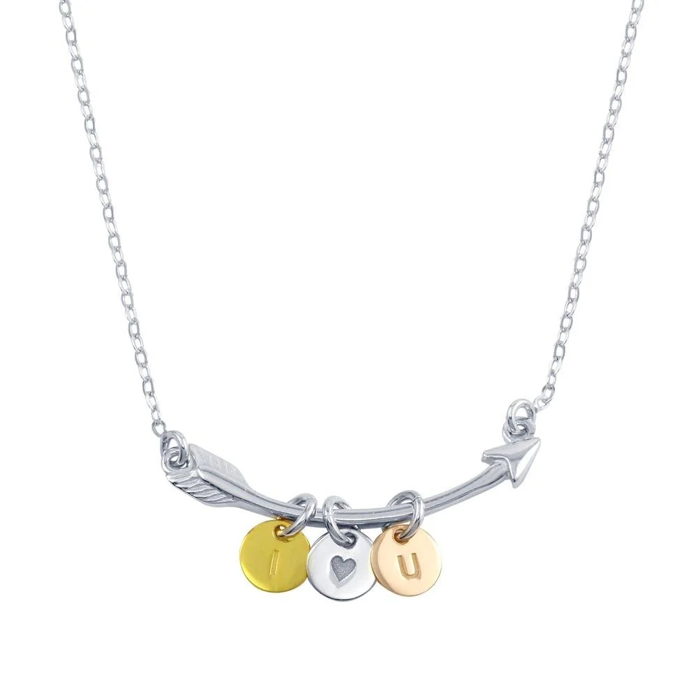 925 Sterling Silver Three-Tone Plated I Love YOU Disc on Arrow Necklace