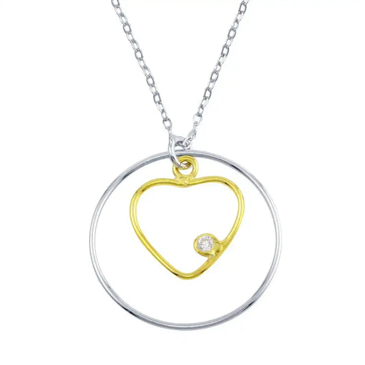 925 Sterling Silver Two-Tone Open Heart And Circle Necklace