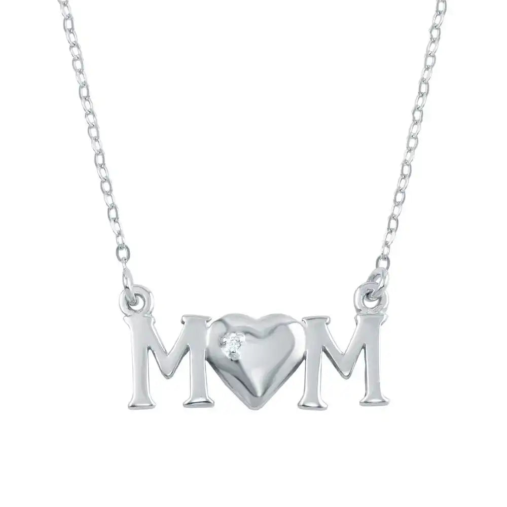 925 Sterling Silver Rhodium Plated CZ MOM Necklace