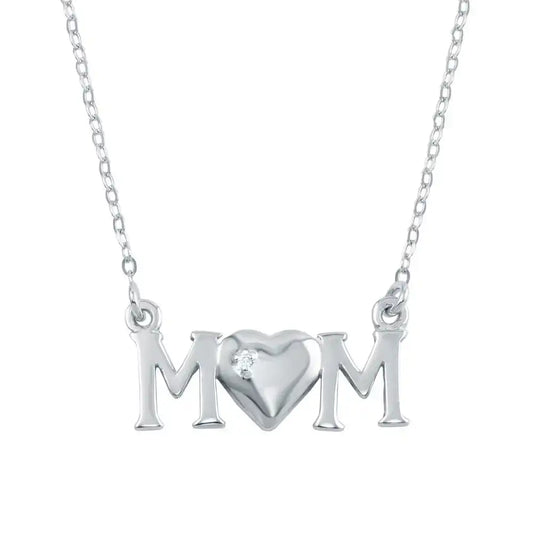 925 Sterling Silver Rhodium Plated CZ MOM Necklace