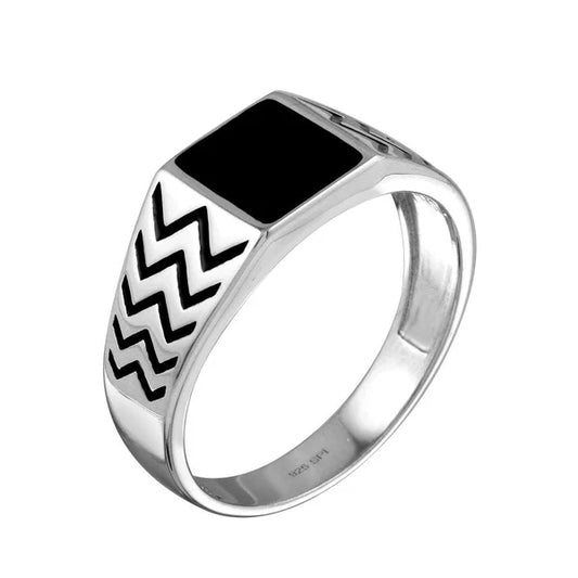 925 Sterling Silver Rhodium Plated Black Enamel Zig Zag Design Shank Ring
