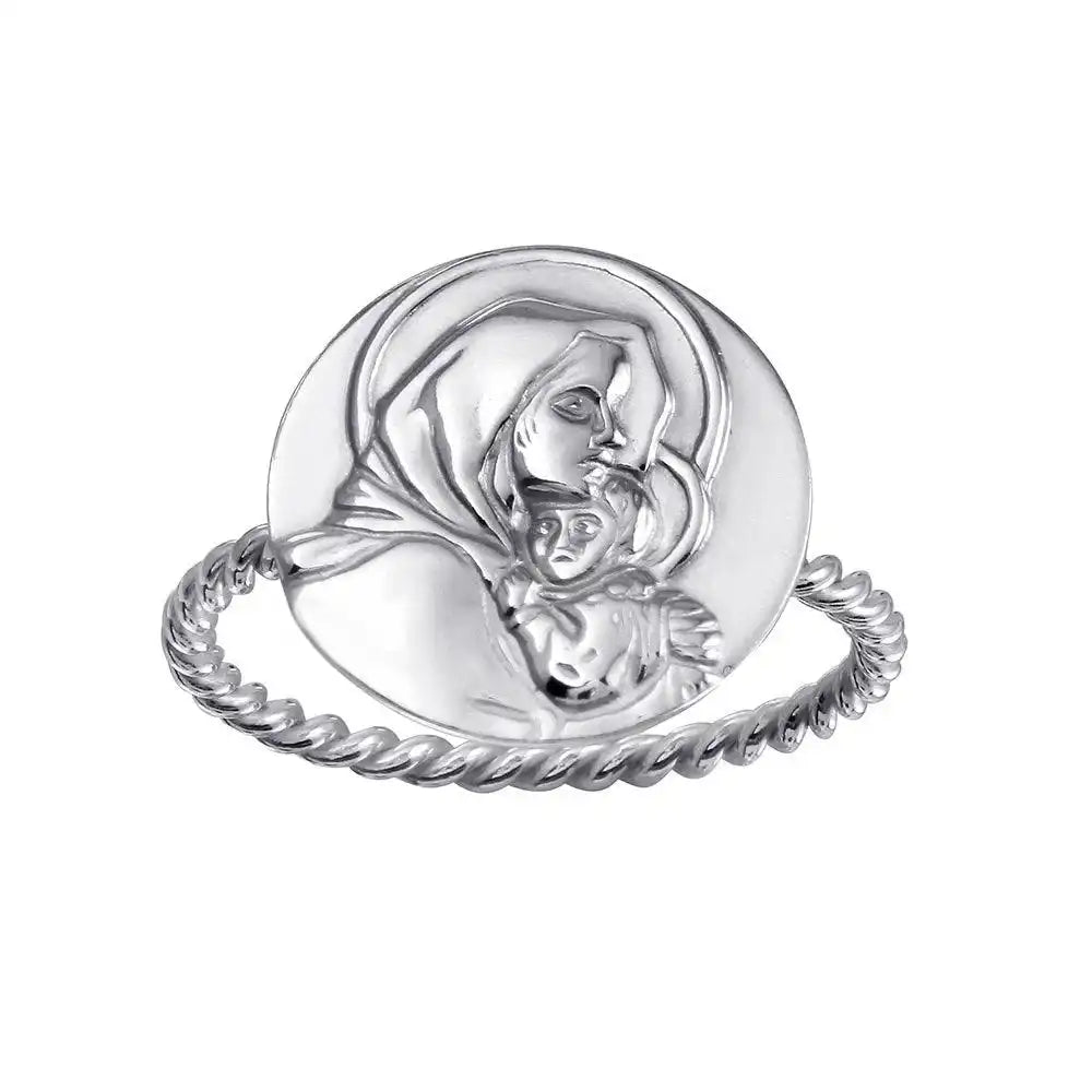 925 Sterling Silver High Polished Mother Mary Medallion Ring