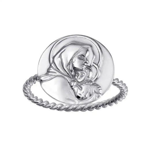 925 Sterling Silver High Polished Mother Mary Medallion Ring