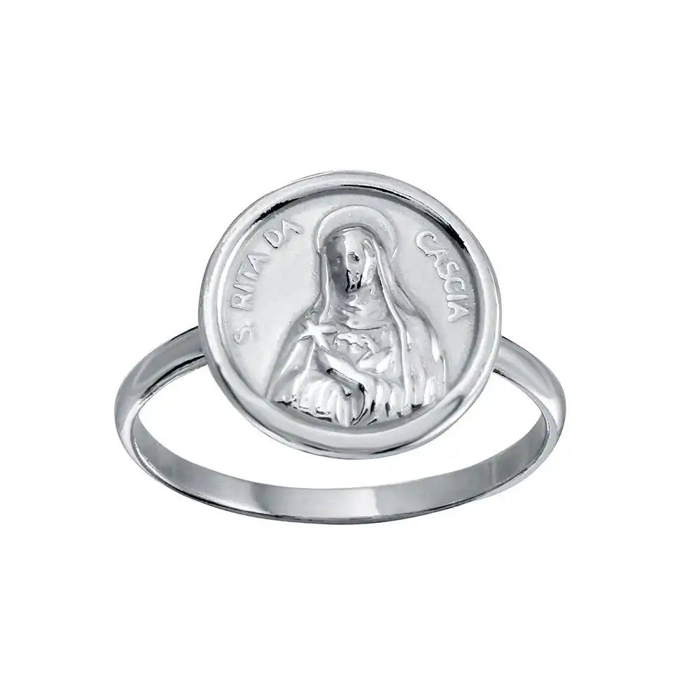 925 Sterling Silver High Polished Disc Mother Mary Design Ring