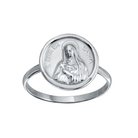 925 Sterling Silver High Polished Disc Mother Mary Design Ring
