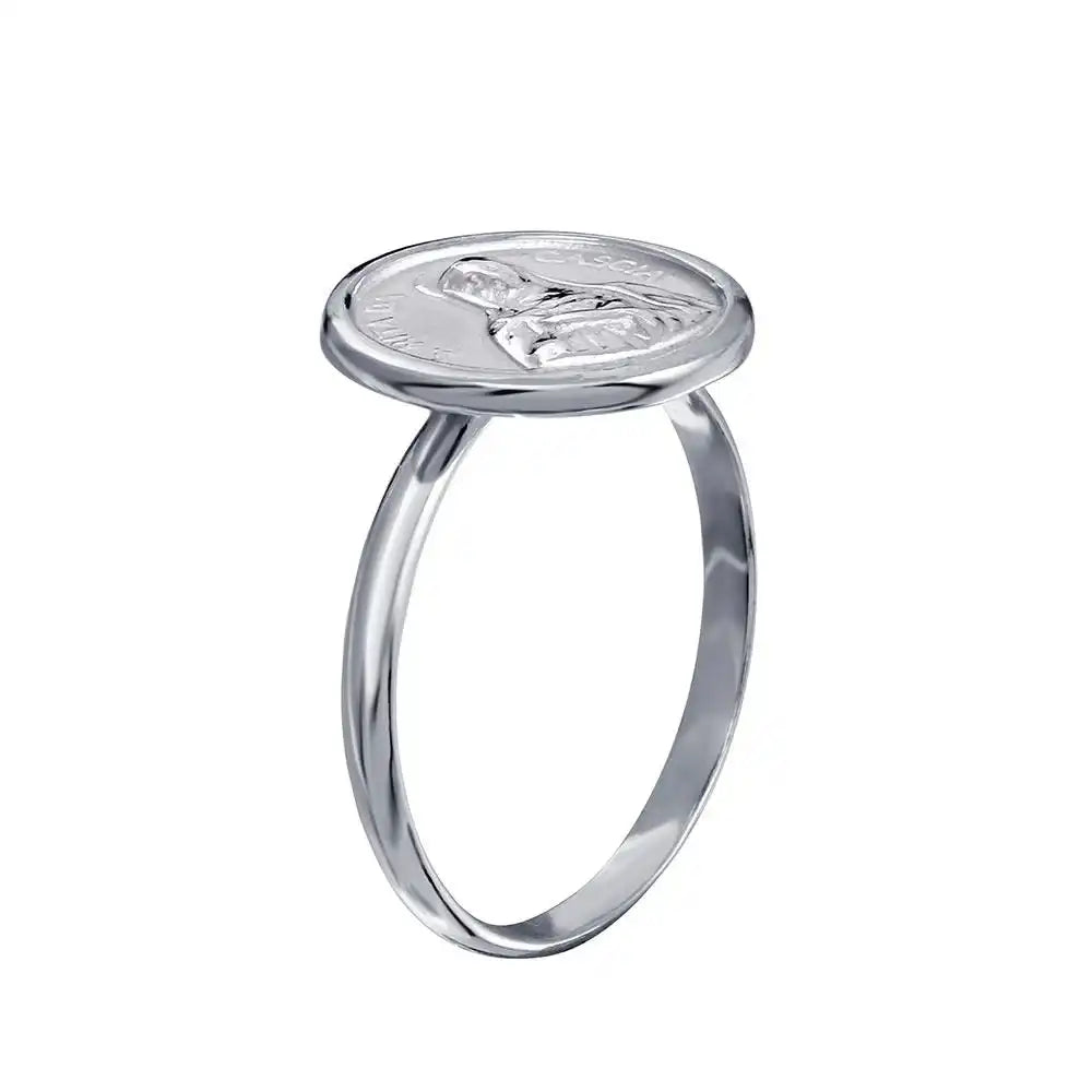 925 Sterling Silver High Polished Disc Mother Mary Design Ring