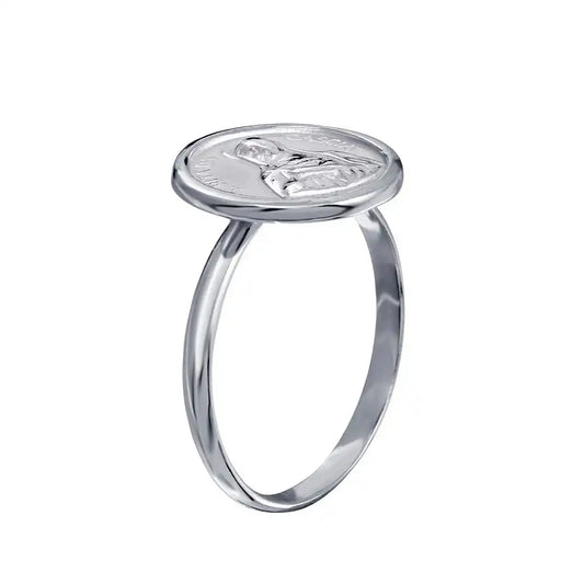925 Sterling Silver High Polished Disc Mother Mary Design Ring