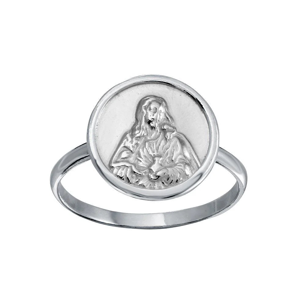 925 Sterling Silver High Polished Disc Mother Mary Design Ring