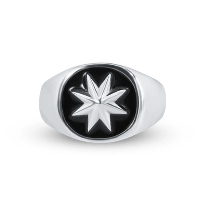 925 Sterling Silver High Polished Octagram Star Black Enamel Ring