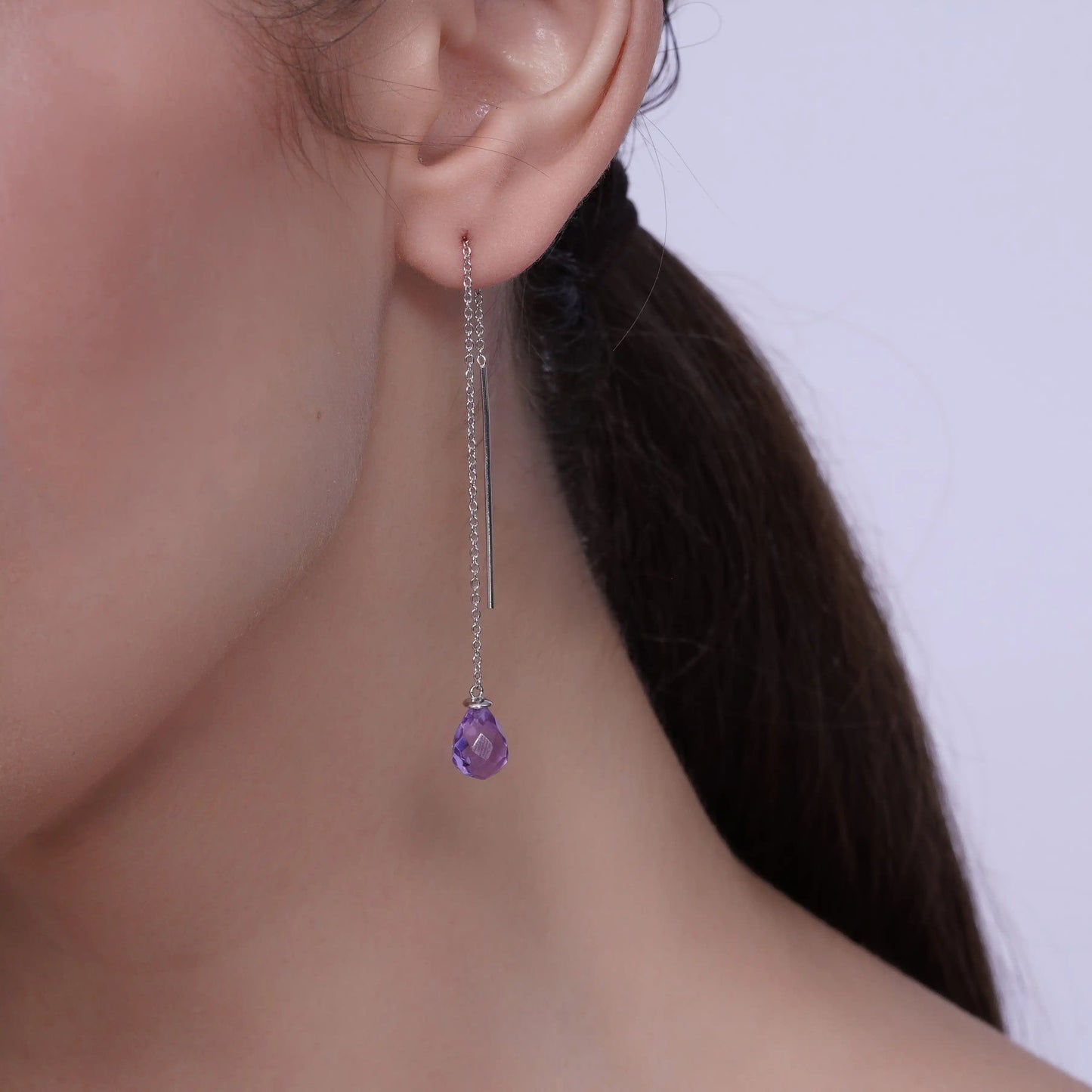 925 Sterling Silver Rhodium Plated Threaded CZ Tear Drop Earrings