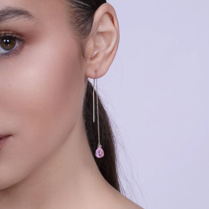 925 Sterling Silver Rhodium Plated Threaded CZ Tear Drop Earrings