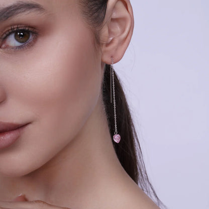 925 Sterling Silver Rhodium Plated Threaded Pink CZ Heart Earrings