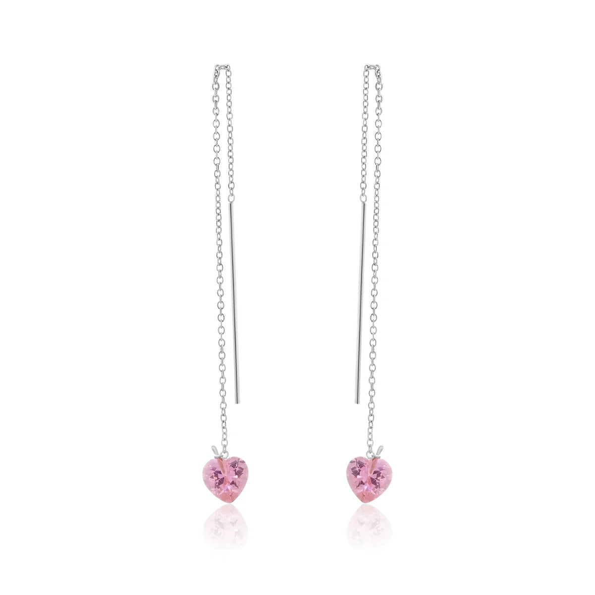 925 Sterling Silver Rhodium Plated Threaded Pink CZ Heart Earrings