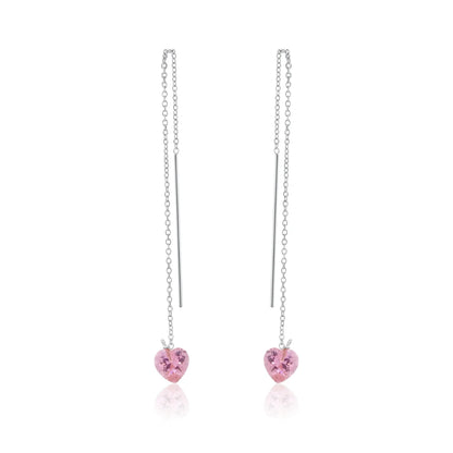 925 Sterling Silver Rhodium Plated Threaded Pink CZ Heart Earrings