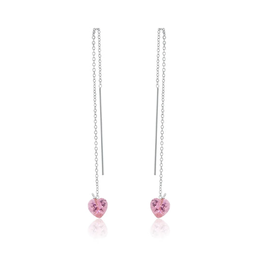 925 Sterling Silver Rhodium Plated Threaded Pink CZ Heart Earrings