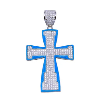 925 Sterling Silver Rhodium Plated Blue Glow Enamel CZ Cross Pendant